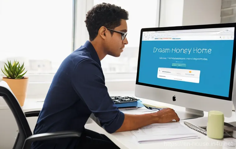 주택 청약통장 활용법 - **Prompt:** A young adult, early 30s, with a determined yet hopeful expression, sits at a modern, cl...