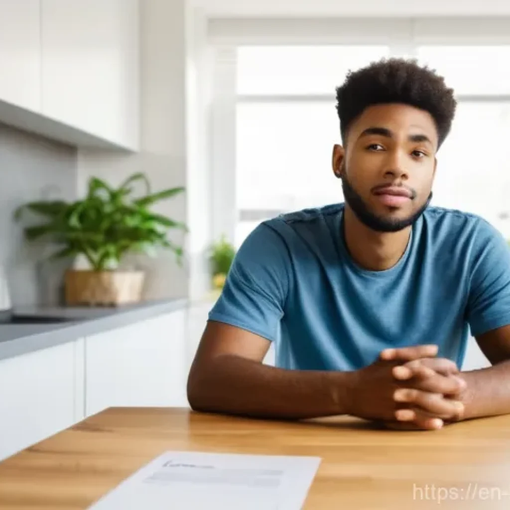 전세보증금 인상 제한 - **Prompt:** A young adult, looking thoughtful and slightly concerned, sits at a clean, modern kitche...