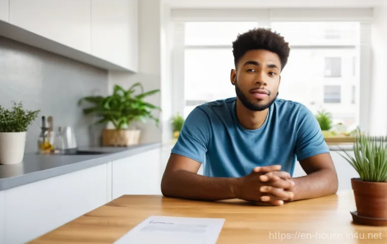 전세보증금 인상 제한 - **Prompt:** A young adult, looking thoughtful and slightly concerned, sits at a clean, modern kitche...