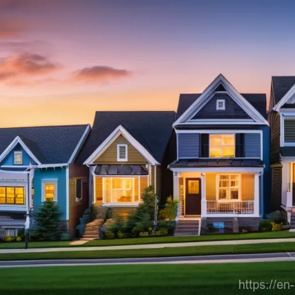 부동산 투자 시기 분석 - **Prompt:** A stylized, panoramic view of a bustling American suburban neighborhood at dusk. In the ...