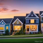 Home 20 부동산 투자 시기 분석 - **Prompt:** A stylized, panoramic view of a bustling American suburban neighborhood at dusk. In the ...