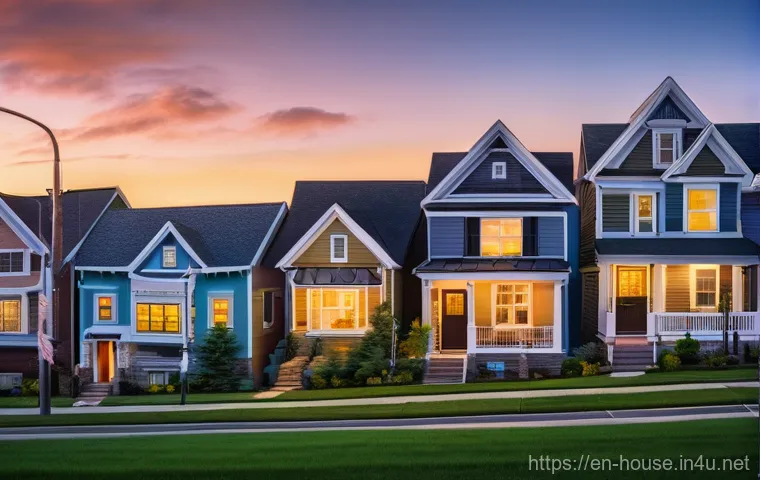 부동산 투자 시기 분석 - **Prompt:** A stylized, panoramic view of a bustling American suburban neighborhood at dusk. In the ...