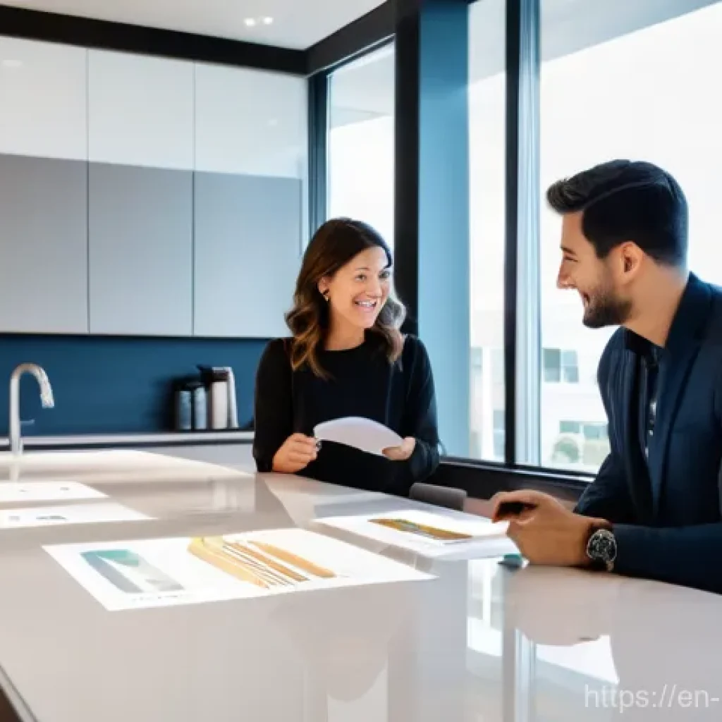 신축 아파트 분양정보 - **"A diverse, casually dressed couple in their late 20s to early 30s stands in a brightly lit, moder...