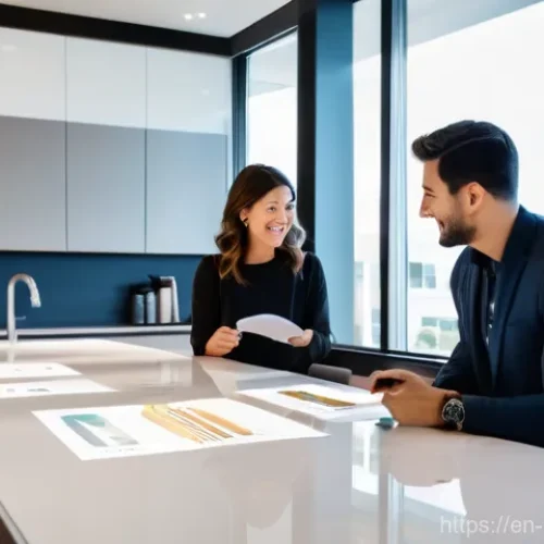 Home 31 신축 아파트 분양정보 - **"A diverse, casually dressed couple in their late 20s to early 30s stands in a brightly lit, moder...