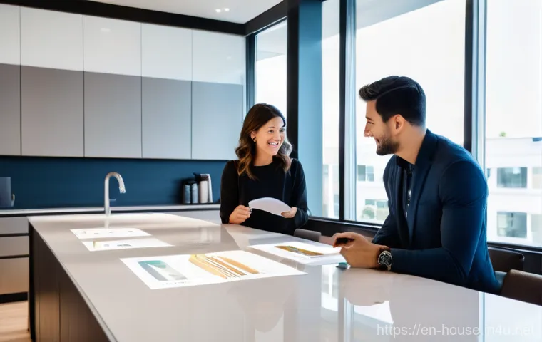 신축 아파트 분양정보 - **"A diverse, casually dressed couple in their late 20s to early 30s stands in a brightly lit, moder...