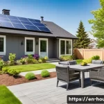 Home 21 주택시장 하락 원인 - A modern suburban home exterior during a bright spring afternoon, featuring a spacious backyard with...