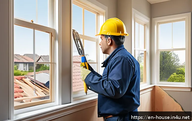 부동산 경매 주의사항 - A professional home inspector examining a suburban house interior for hidden defects, wearing casual...