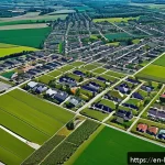 토지 분양 정보 - A detailed aerial view of diverse land parcels showing clear zoning distinctions: residential neighb...