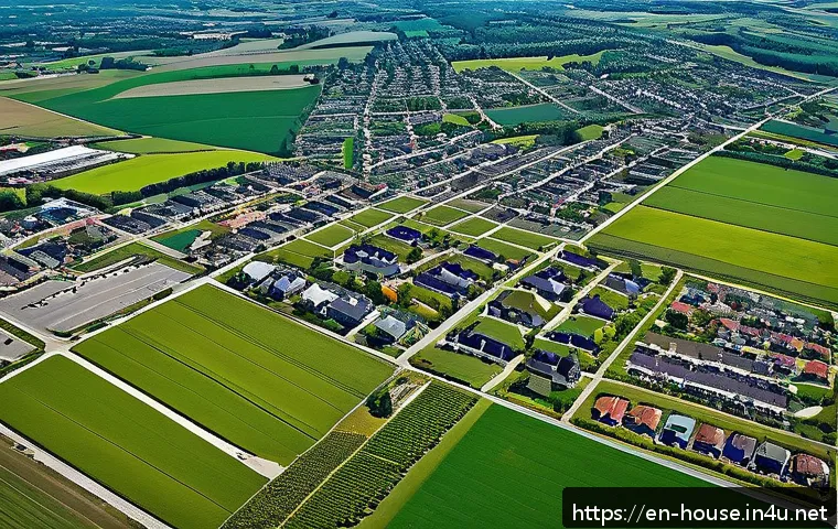 토지 분양 정보 - A detailed aerial view of diverse land parcels showing clear zoning distinctions: residential neighb...