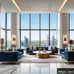 아파트 관리비 평균 - A modern urban high-rise apartment lobby with sleek elevators, security desk, and concierge area, sh...