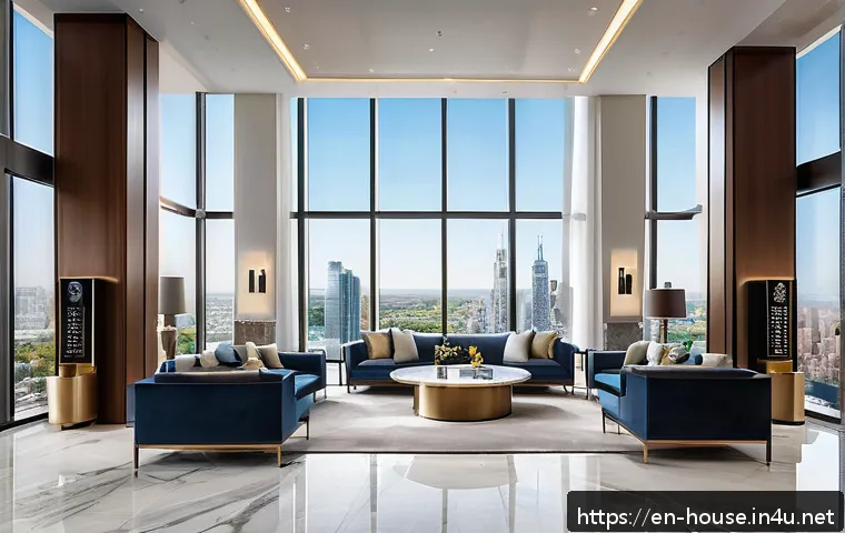 아파트 관리비 평균 - A modern urban high-rise apartment lobby with sleek elevators, security desk, and concierge area, sh...