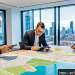 토지 이용 계획 확인법 - A detailed urban planning office scene featuring a diverse group of professionals gathered around a ...