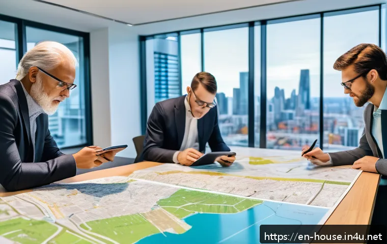 토지 이용 계획 확인법 - A detailed urban planning office scene featuring a diverse group of professionals gathered around a ...