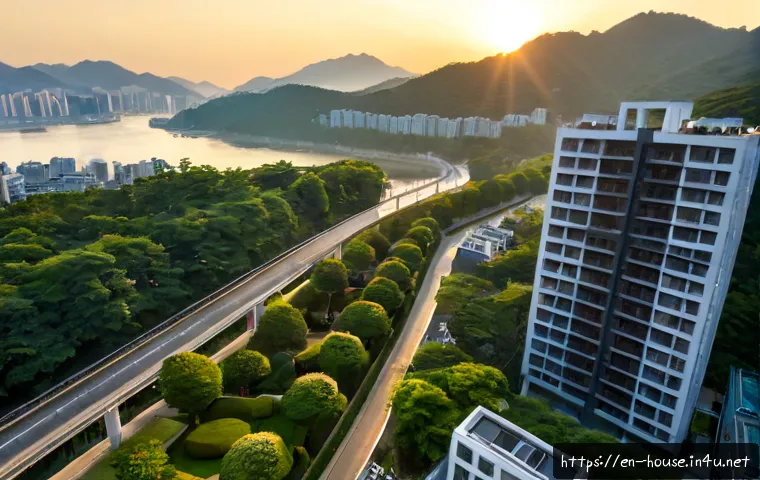 Home 17 서울 아파트 인기 지역 - Photorealistic elevated view of a desirable Seoul apartment neighborhood at golden hour, elegant mod...