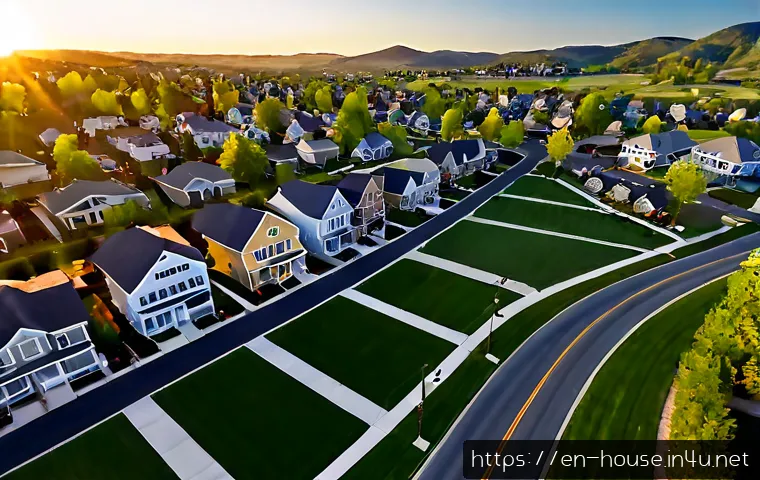 Home 17 지방 소도시 투자 전망 - Photorealistic aerial view of a growing small American town at golden hour, modest downtown streets,...